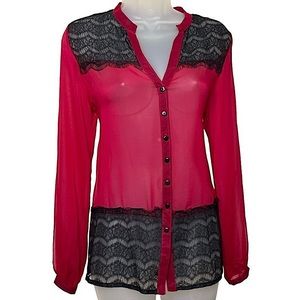 Red Haute Silk Lace Trim Split Neck Snap Button Up Sheer Top Small Red Black